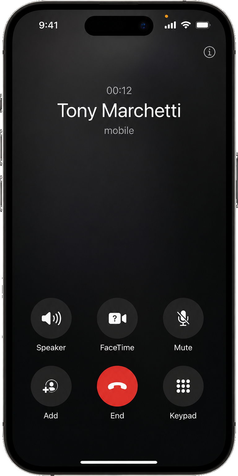 An iPhone mid-call with Tony Marchetti, 12 seconds in.